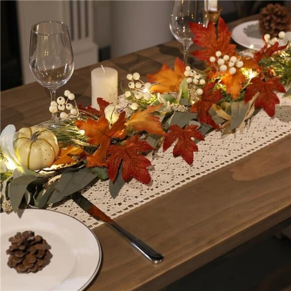 Realistic Fall Garland for Mantle 6 Ft Fall Maple Leaves Garlands with Lights - Picture 2 of 7